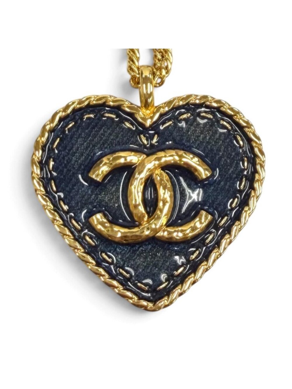 Chanel CC Logo Heart Denim Chain Necklace Navy Gold